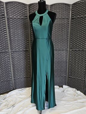 Morgan & Co. Emerald Green Satin Halter Gown with Keyhole